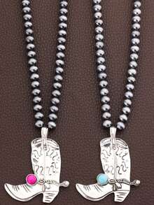 1件西部乡村风格仿珍珠CCB牛仔靴和绿松石吊坠项链 - 項鍊 - 查看 1