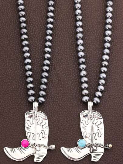 1pc Western Country Style Faux Pearl CCB Cowboy Boot & Turquoise Pendant Necklace
