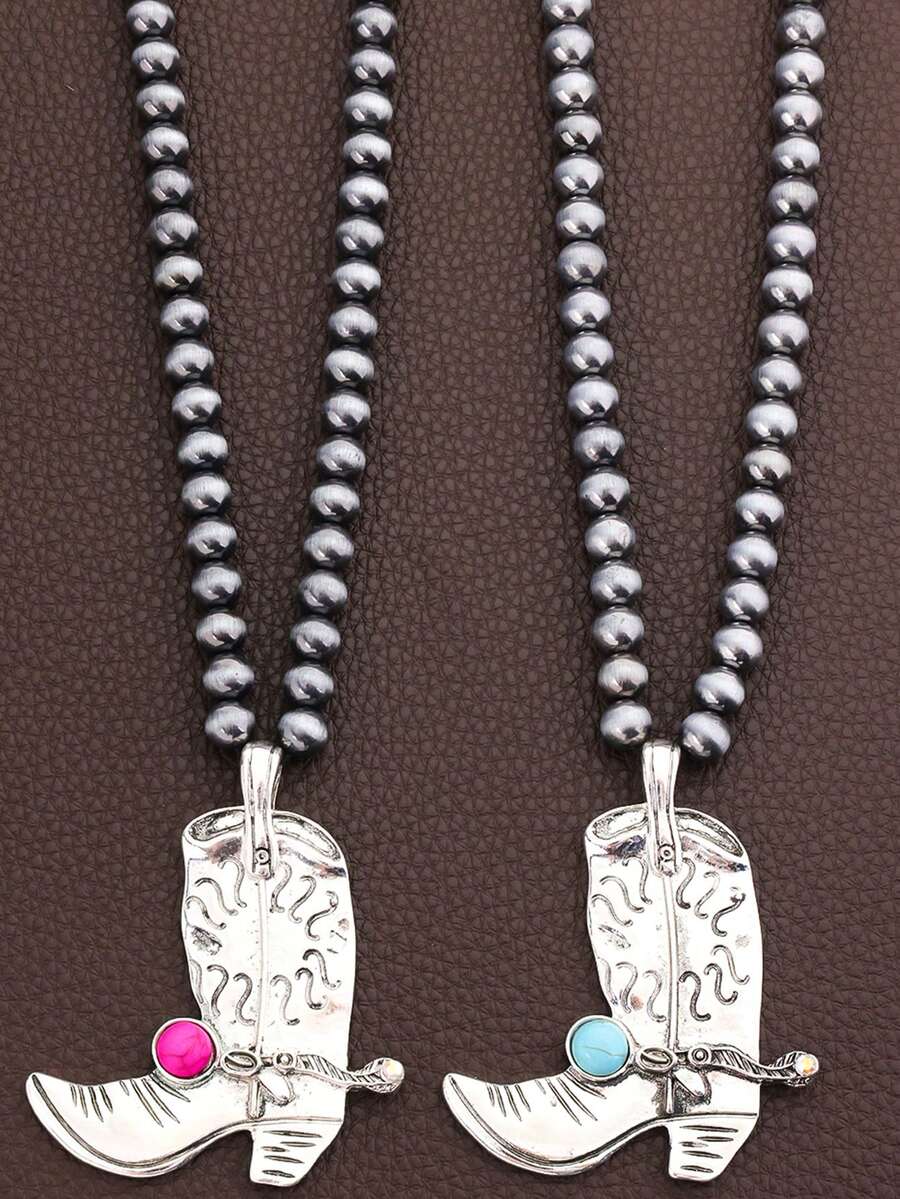1件西部乡村风格仿珍珠CCB牛仔靴和绿松石吊坠项链 - 項鍊 - 查看 1