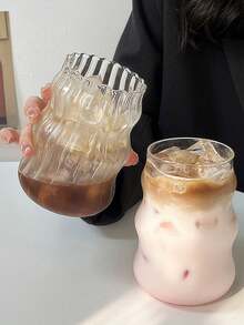 1pc Coffee Glass Cup, Vertical Striped Glass Cup, Retro Beverage Cup, Wavy Cocktail Cup, Iced Coffee Cup, Cold Drink Cup, Juice Cup, Beverage Cup, Milk Cup, Fresh Style Single Layer Cup, Large Capacity For Home Use, Vertical Stripes Glass, Party & Study Supplies - Clear - View 3