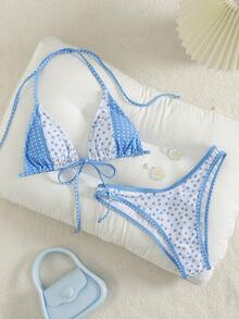 PEPPERMOLLY Bộ bikini hai mảnh họa tiết hoa nhí phối màu, kiểu cổ yếm, thích hợp cho kỳ nghỉ hè trên bãi biển dành cho nữ. - Màu xanh nhạt - Xem 2