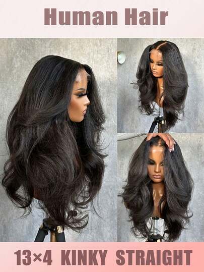 Yaki 直发 13x4 蕾丝前额假发，180% 密度，采用真人发丝制成，180% 密度，女士优雅长款蕾丝前额假发，适合日常、派对等场合，13x4 蕾丝前额设计，真人发丝蓬松直发黑色假发，带婴儿发，外观自然，长款 Yaki 直发，女士蓬松直发 13x4 蕾丝前额真人发假发 - 预先拔毛的 Yaki 直发，适合日常和特殊场合（8-16 英寸波波头假发）