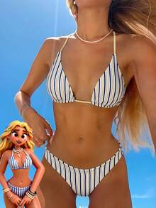 Bộ bikini nữ, áo ngực in họa tiết sọc phong cách Bohemian dễ thương kết hợp với quần bơi hai mặt sọc vàng, thích hợp cho kỳ nghỉ, bãi biển, hồ bơi và thể thao, trang phục nghỉ dưỡng xuân/hè 2026, trang phục đi lễ hội âm nhạc/đi biển cho bé gái. - Nhiều màu - Xem 8