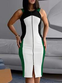 ChicMe Women's Color Block Round Neck Sleeveless Zip Front Split Hem Fitted Mid-Length Dress, Fashionable For Commuting And Everyday Wear - Green - View 3