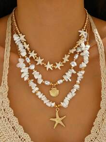 3件套波西米亚海滩度假风项链套装，可个性化定制，随机宝石，CCB仿珍珠，绿松石，海星，贝壳吊坠 - 彩色 - 查看 6