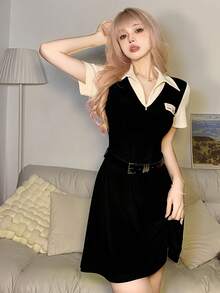 1 chiếc đầm kiểu dáng sinh viên cổ polo phối nhiều mảnh, đầm ngắn tay thắt eo thanh lịch mới mùa hè dành cho nữ, thích hợp cho chụp ảnh kỷ niệm, tiệc tùng, cosplay, biểu diễn sân khấu, màu đen mùa xuân. - màu đen - Xem 1