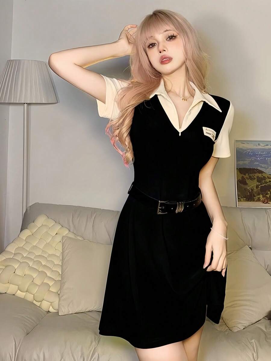 1 chiếc đầm kiểu dáng sinh viên cổ polo phối nhiều mảnh, đầm ngắn tay thắt eo thanh lịch mới mùa hè dành cho nữ, thích hợp cho chụp ảnh kỷ niệm, tiệc tùng, cosplay, biểu diễn sân khấu, màu đen mùa xuân. - màu đen - Xem 1