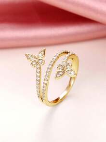 Geschenkbox eleganter Kubikzirkonia Schmetterling Wickelring, modischer Schmuck für Frauen zur Hochzeit, Verlobung, Party, hergestellt aus Kupfermaterial, nicht verblassend und hypoallergen, ideale Geschenkwahl - Gold - Übersicht 2