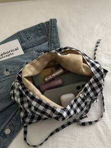 时尚甜美格纹高端简约包包，2026新款复古风女士大容量包 - 黑色 - 查看 4