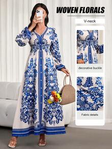 Women's New Elegant Blue And White Jacquard Fitted Dress - Charming V-Neck, Puff Long Sleeves, Suitable For Daily Wear, Fashion Parties, Formal Galas, Weddings, Events And Beach - Blue - View 1