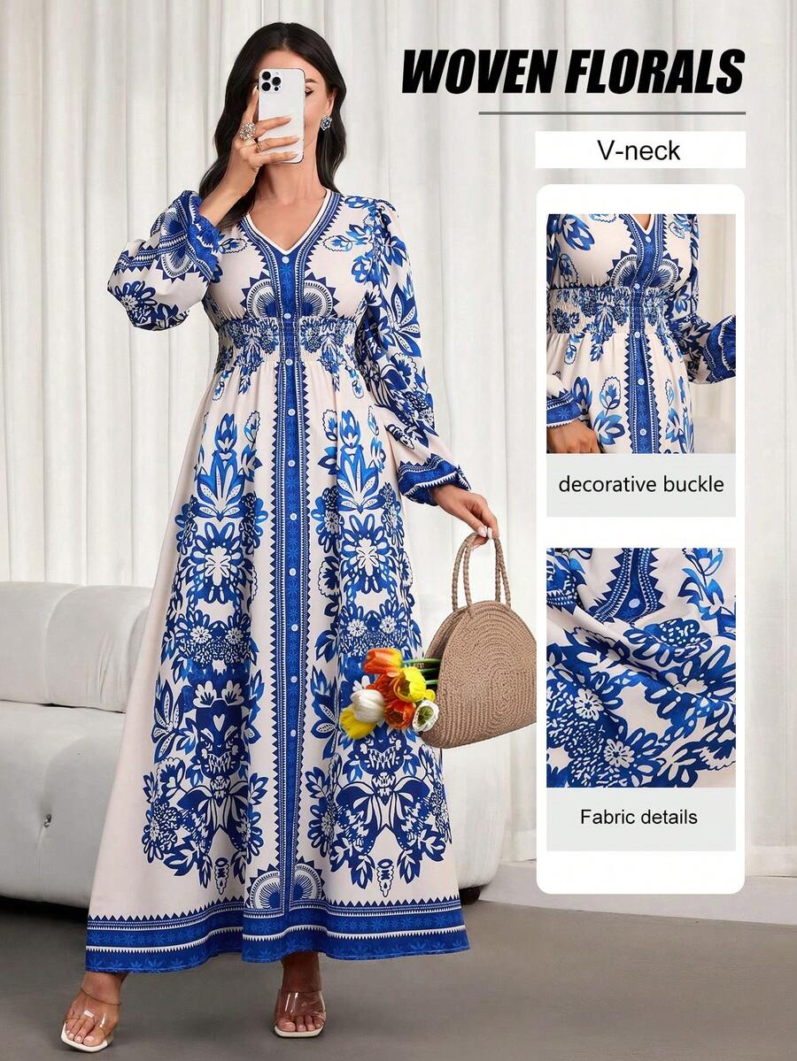 Women's New Elegant Blue And White Jacquard Fitted Dress - Charming V-Neck, Puff Long Sleeves, Suitable For Daily Wear, Fashion Parties, Formal Galas, Weddings, Events And Beach - Blue - View 1