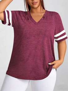Plus Size Women's Fashion V-Neck, Striped Spliced Cuff Short Sleeve, Spring/Summer Outdoor Sports And Leisure T-Shirt - Red Violet - View 5