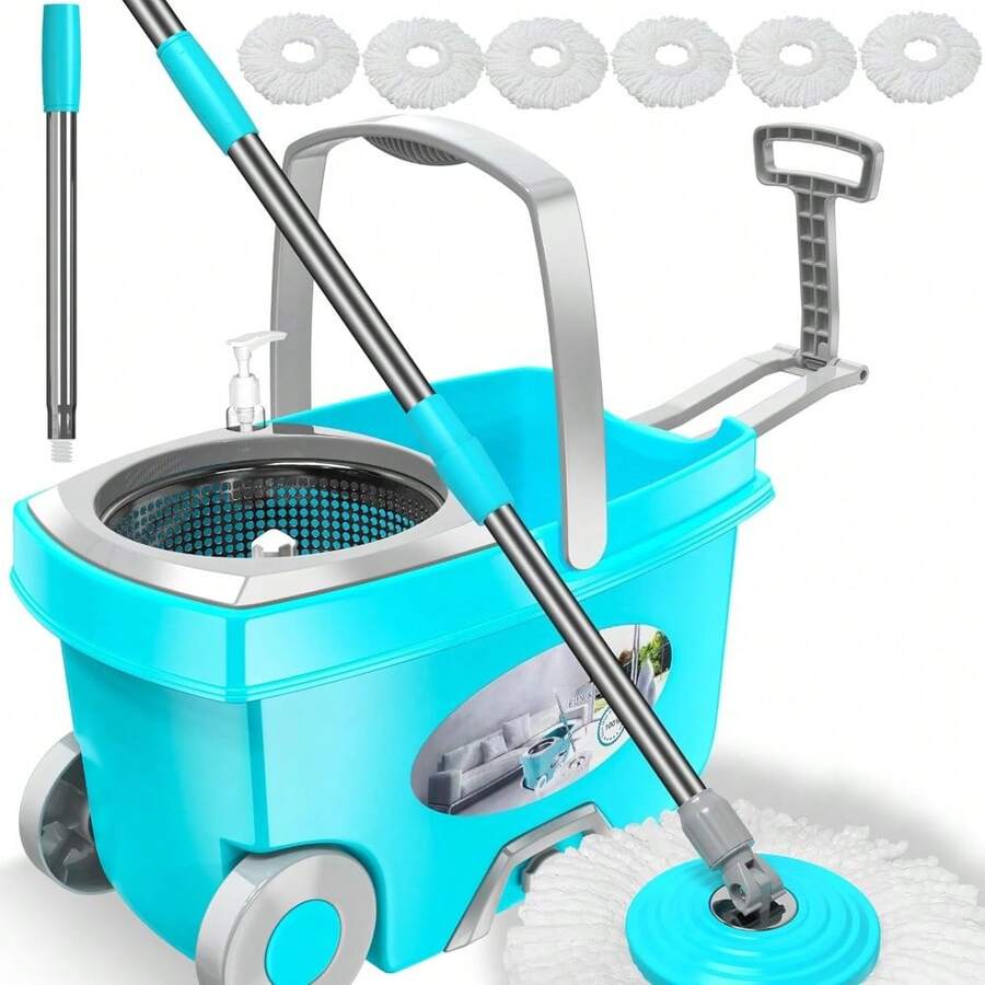 360 Degree Spin Mop And Bucket Set With Wringer 6 Microfiber Replacement Heads 61 Inch Extended Handle 2X Wheels For Floor Cleaning Efficient Mopping For Hardwood Tile Laminate Blue Easy Home Cleaning Kit - Màu xanh da trời - Xem 1