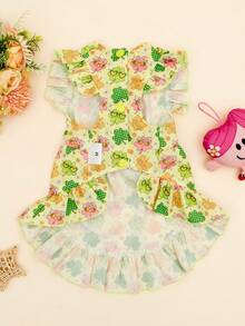 1件圣帕特里克节三叶草印花狗狗连衣裙，双层蝴蝶结袖宠物公主裙，适合小型至中型犬（泰迪犬、博美犬等），作为节日焦点服装！ - 彩色 - 查看 6