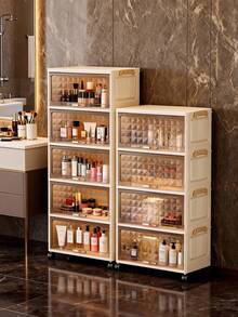1 pieza Gabinete de almacenamiento plegable de plástico de 40 cm/50 cm de ancho, organizador de almacenamiento con tapa abatible de 1-6 niveles, PP reforzado con ruedas, gabinete multiusos para sala de estar, juguetes y aperitivos, gabinete de almacenamiento de ropa, estantería a prueba de polvo para el hogar, estantería de almacenamiento, caja de almacenamiento, recipiente de plástico, lata de aceite, suministros de almacenamiento de cocina, estante para tazas, 1 lata de aceite, estante para cucharas, estantería de almacenamiento de cocina - transparente - Ver 2