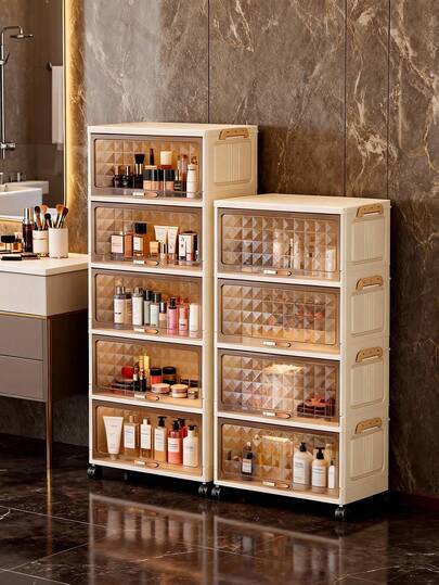 1pc 40cm/50cm Wide Foldable Plastic Storage Cabinet, 1-6 Tier Flip-Top Storage Organizer, Thickened PP With Wheels, Living Room Toy & Snack Multi-Layer Cabinet, Clothes Storage Cabinet, Home Dust-Proof Shelf, Home Storage Rack, Storage Box, Plastic Container, Oil Can, Kitchen Storage Supplies, Cup Rack, 1 Oil Can, Spoon Rack, Kitchen Storage Rack