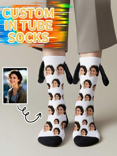 1 Pair Of Customized Face Children's Mid Tube Holding Hands Series Medium Socks, Put Any Face On The Socks, Personalized Socks With Photos, Interesting Customized Pictures With Medium Stockings, Suitable For Valentine's Day, Birthday, Gift Giving And Other Occasions, Personalized