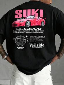 男士时尚休闲街头风宽松短袖T恤 | 赛车元素印花 | 精致设计 | 春夏必备 | 百搭易穿，展现您的个人风格。 - 黑色 - 查看 2