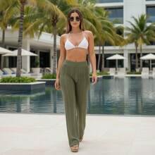 Women's Beach Cover-Up Pants With Cutouts, Summer Fashion, Ideal For Layering Over A Bikini, Swimsuit, Beach, Pool, Risorte - 軍綠色 - 查看 5