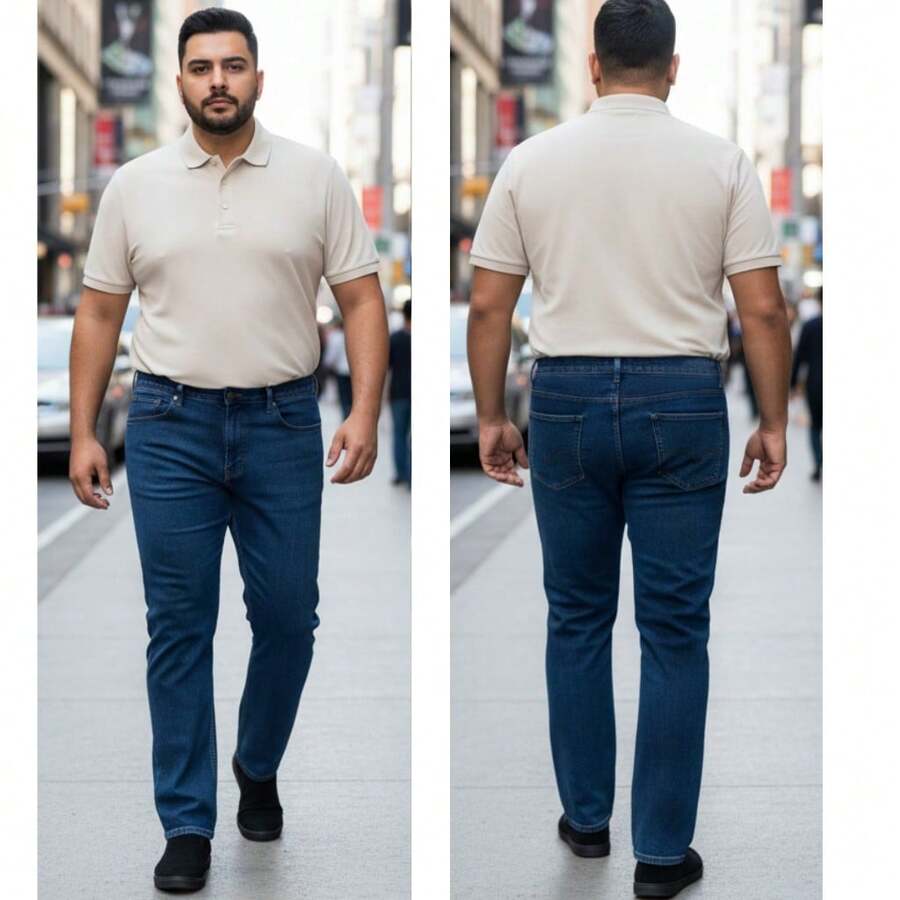 Plus Size Men's Jeans With Classic Stretch Elastane - Blue - View 1