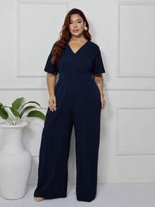 Women's Plus Size Plain Long Jumpsuit, Wide Leg, Short Sleeve, V-Neck, Ruched Front, Comfortable - 藏蓝色 - 查看 4