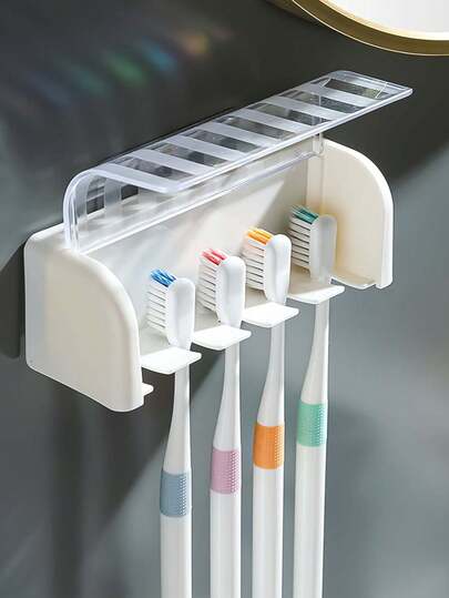 1 Set Wall Mounted Toothbrush Holder With Cover, Electric Toothbrush Stand, Toothpaste Storage Rack, 2/5/6 Compartment Self-Adhesive Toothbrush & Toothpaste Organizer Box, Bathroom Accessories, Bathroom Organization Tools