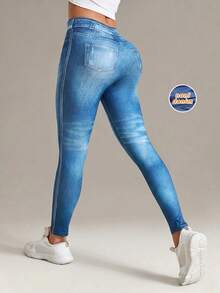 Jeans de cintura alta y silueta ajustada para mujer, de tela vaquera, con control de abdomen, levantamiento de glúteos y pantalones de yoga elásticos, aptos para uso diario - Azul - Ver 2