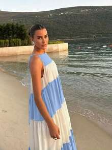 2026春夏新款时尚优雅休闲通勤日常约会假日茶会撞色露背连衣裙，女士假日装扮，Y2K风格，黑白连衣裙，度假连衣裙，优雅派对连衣裙，沙滩连衣裙，情人节连衣裙，女士夏季连衣裙，生日连衣裙，夏季假日装扮，春季假日装扮，女士情人节装扮，女士沙滩装扮，2026嘉年华女士造型，女士休闲连衣裙，黑色连衣裙，长款连衣裙，度假连衣裙 - 淺藍色 - 查看 6