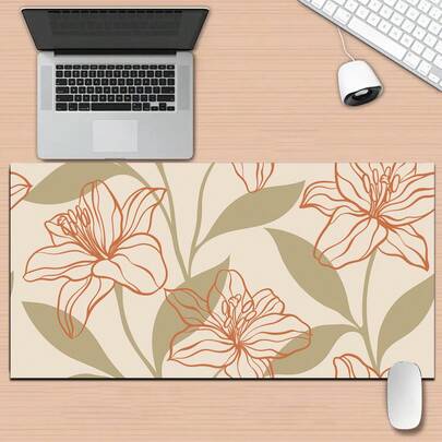 1pc Orange Line Lily Flower Pattern Non-Slip Washable Rubber Base Large Size Desk Mat, Office Desk Accessory, Computer Decoration Accessory, Ideal Gift For Gamers With Extra Long Mousepad, Fashionable Office Desk Decor And Study Supplies