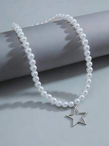 1 Pieza Collar Colgante De Estrella Calado Con Cuentas De Imitación De Perlas De Moda Para Mujer Para Decoración Diaria Y Regalo De Citas - Plateado - Ver 10