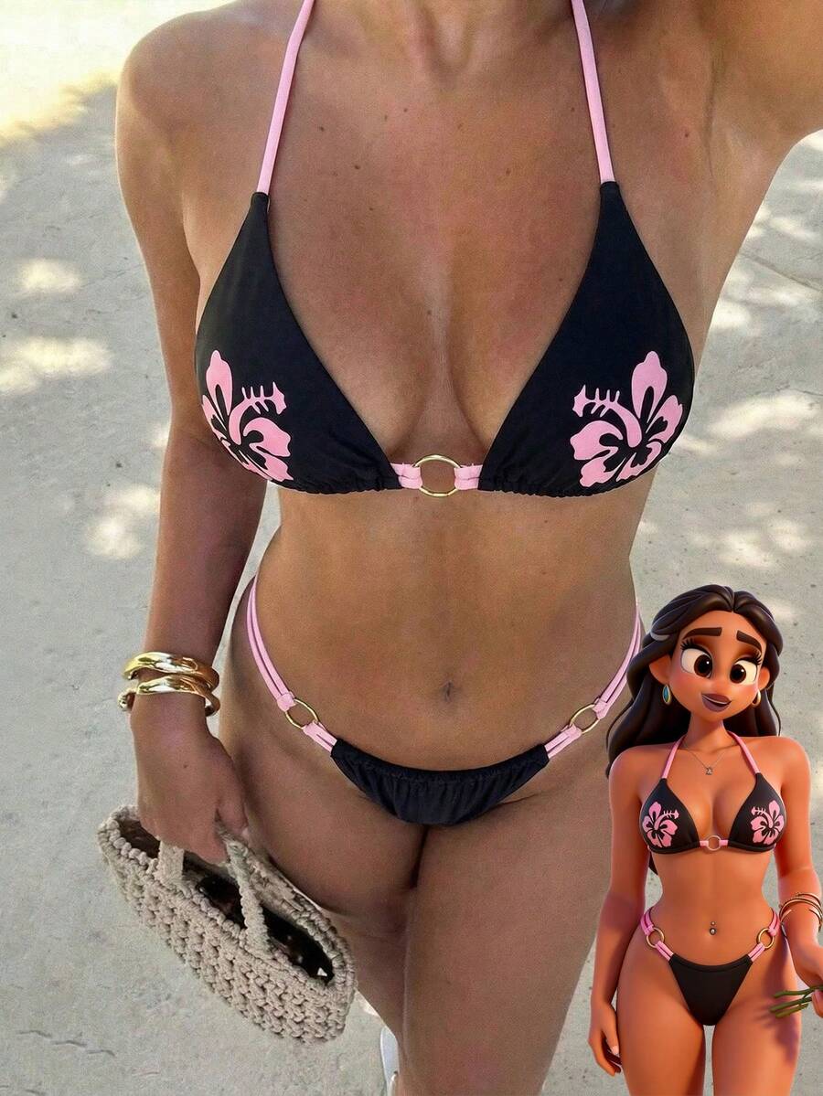 Đồ bơi bikini nữ, trang phục đi biển in họa tiết hoa dâm bụt nhiệt đới dễ thương, bộ đồ thời trang mùa hè đen hồng/trang phục đi chơi/trang phục sinh nhật/thường ngày/phong cách Y2K/những năm 2000/phong cách Y2K/thanh lịch/cổ điển/thời trang đường phố/trang phục nghỉ mát/phong cách cô gái đi biển lễ hội âm nhạc mùa hè 2026 - màu đen - Xem 1