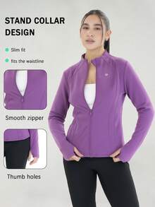 3 Women's Sports Jackets With Thumb Holes, Small Stand Up Collar, Streamlined Zipper Long Sleeved Jacket, Low Impact Yoga Daily Wear - 彩色 - 查看 5