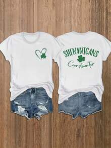 Clover Letter Print Round Neck T-Shirt, Spring Summer Casual Short Sleeve T-Shirt, Women's Clothing, St. Patrick's Day - Unisex Loose Fit Comfortable Vintage Street Style Cotton T-Shirt Top - 白色 - 查看 7