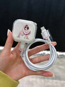 Pink Ballet Girl Pattern 3pcs Charging Cable Protector Set, UV Painted 26 Letter & Girl Pattern, Suitable For 20W Apple Fast Charger, UK 20W Charger, Charging Cable Protector Women Gift Birthday - Multicolor - View 4