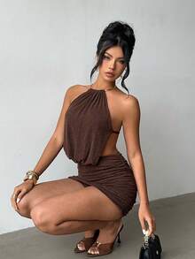 Brown Glitter Halter Neck Open Back Bodycon Mini Dress With Back Waist Tie Detail – Elegant Sexy Party Style Ideal For Party Nights, Carnival, Evening Going Out, Music Festival, Vacation, Plain Spring Summer Outfit - Coffee Brown - View 8