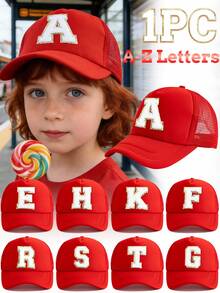1pc Kids' Red 26 Letter Truck Driver Cap, Fashionable Personalized Casual Lightweight Breathable Sun-Shading Baseball Cap, Suitable For 3-8 Years Old Boys And Girls Daily Outdoor Hiking Fishing Leisure School Wear, Great For Birthday Holiday Gifts - Red - View 1