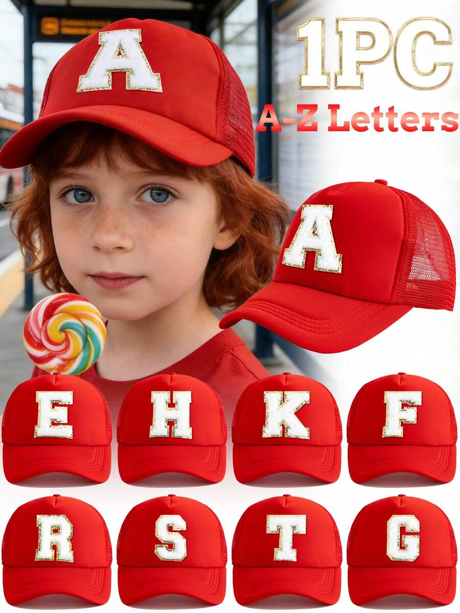 1pc Kids' Red 26 Letter Truck Driver Cap, Fashionable Personalized Casual Lightweight Breathable Sun-Shading Baseball Cap, Suitable For 3-8 Years Old Boys And Girls Daily Outdoor Hiking Fishing Leisure School Wear, Great For Birthday Holiday Gifts - Red - View 1