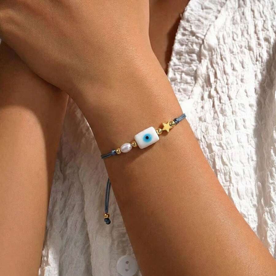 1PC Fashion Simple Five Pointed Star Pendant Bracelet, Devil's Eye Bracelet, Faux Pearl Bracelet, Adjustable Woven Bracelet, Couple Bracelet, Sisters Bracelet, Ramadan Gift, Valentine's Day Gift, Family Gift, Anniversary Gift