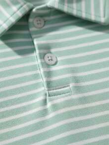 1pc Young Girl' Mint Green Striped Polo Shirt, Short Sleeve, Fresh Summer Style - Green - View 5