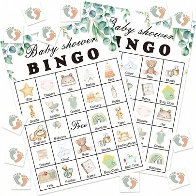 Bộ trò chơi Bingo 33 món cho tiệc mừng em bé, dành cho 24 người chơi, trò chơi tiết lộ giới tính em bé trung tính, bộ bài Bingo chủ đề bạch đàn đã được điền sẵn, trò chơi quà tặng cho tiệc mừng em bé.