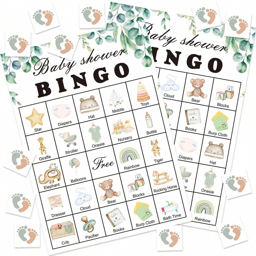Bộ trò chơi Bingo 33 món cho tiệc mừng em bé, dành cho 24 người chơi, trò chơi tiết lộ giới tính em bé trung tính, bộ bài Bingo chủ đề bạch đàn đã được điền sẵn, trò chơi quà tặng cho tiệc mừng em bé. - màu xanh lá - Xem 1