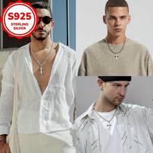 Sterling Silvery Cross Pendant Necklace, Stainless Steel Cuban Link Chain, Fashion Jewelry For Men, Curb Chock, Valentine'S Day Gift - 16.0吋鏈條 - 查看 2