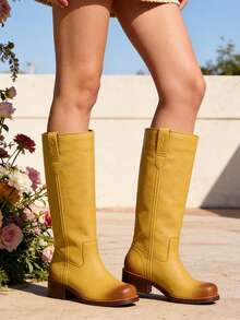 Women's Pull On Vintage Campus-Inspired Cowboy Boots Squared Toe Western Knee High Boots Fashionable Stacked Low Heels Booties - 黃色 - 查看 5