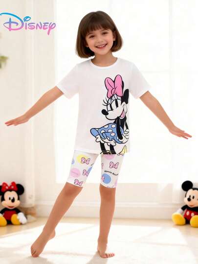 Disney 2pcs Tween Girls Minnie Mouse Print Short Sleeve T-Shirt And Polka Dot Bow Straight Leg Shorts Set, Soft & Comfortable, Girls Summer Casual Indoor/Outdoor Outfit