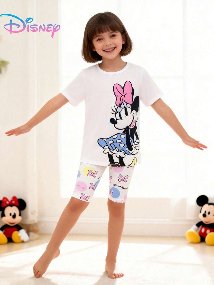 Disney 2pcs Tween Girls Minnie Mouse Print Short Sleeve T-Shirt And Polka Dot Bow Straight Leg Shorts Set, Soft & Comfortable, Girls Summer Casual Indoor/Outdoor Outfit - White - View 1