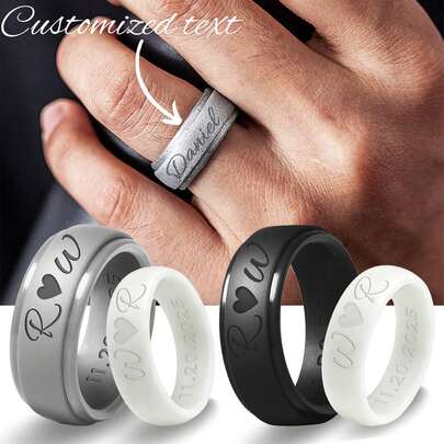 1 Pc Personalized Silicone Wedding Bands For Couples Women Men Rings Rubber Matching Bands For Husband Wife Sports & Flexible Design Engrave Silicone Rings For Him And Her Anniversary Valentines Day Gifts