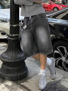 Men's Denim Shorts With A Relaxed Fit, Y2K Streetwear Style, With Pockets. An Essential Summer Wardrobe Item And The Perfect Gift For Family And Friends. - Grey - View 3