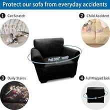 Single Sofa Cover Leather Look Chair Covers For Living Room 1-Piece Sofa Chair Covers With Arms Stretch Furniture Protector With Elastic Bottom & Pockets(Armchair, Black) - 黑色 - 查看 7