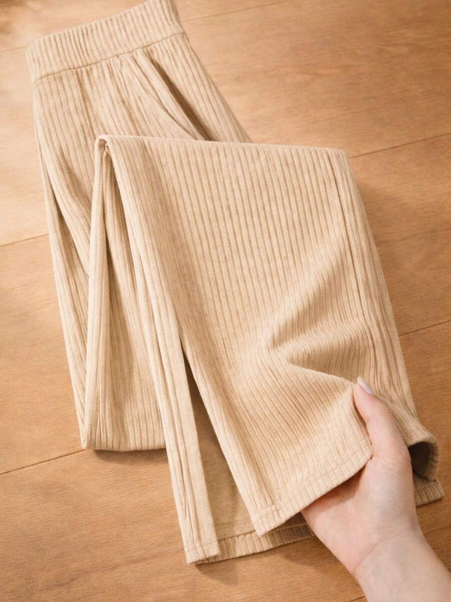 Beige High-Waisted Wide Leg Palazzo Pants For Women, Casual Fashion, With Side Slit And Ribbed Pockets, Night/Daily Wear - Màu be - Xem 1