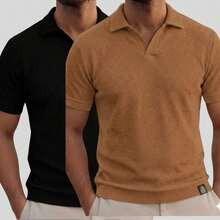 Kit Of 2 Italian Textured Polo Shirts Without Buttons, Slim Sleeves. - 黑色和焦糖色 - 查看 5